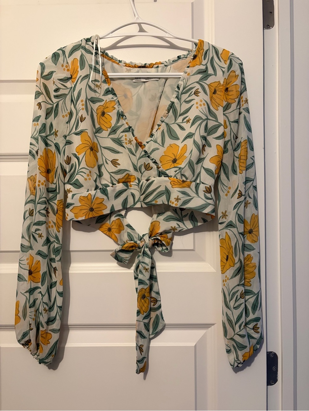 ZARA Floral Tie-Front Crop Top in White and Yellow